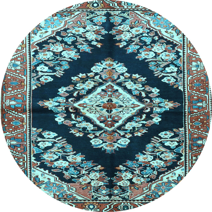 Round Machine Washable Medallion Light Blue Traditional Rug, wshtr3913lblu