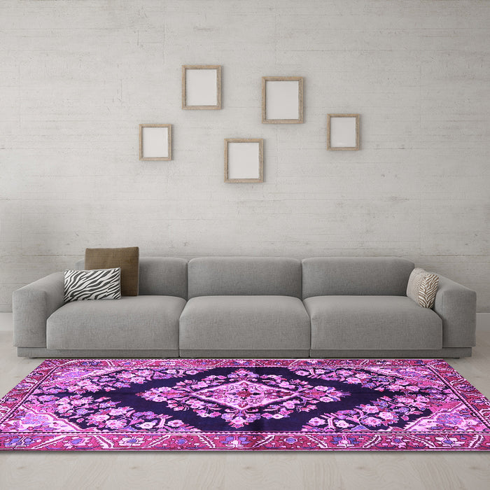 Machine Washable Medallion Purple Traditional Area Rugs in a Living Room, wshtr3913pur