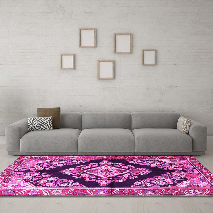 Machine Washable Medallion Pink Traditional Rug in a Living Room, wshtr3913pnk