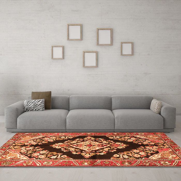 Machine Washable Medallion Orange Traditional Area Rugs in a Living Room, wshtr3913org