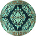 Round Machine Washable Medallion Turquoise Traditional Area Rugs, wshtr3913turq