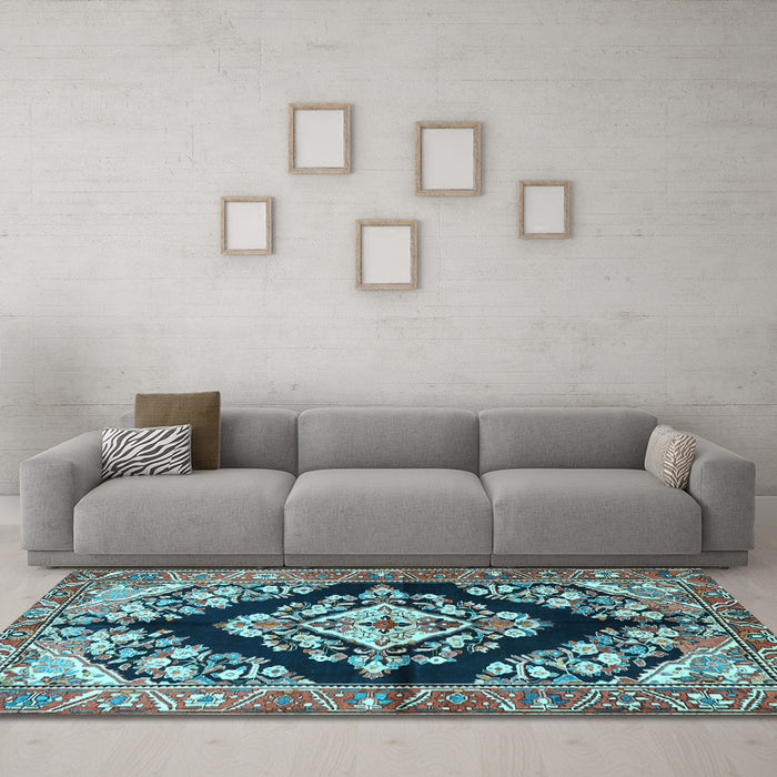 Machine Washable Medallion Light Blue Traditional Rug in a Living Room, wshtr3913lblu