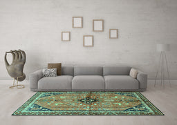 Machine Washable Persian Turquoise Traditional Area Rugs in a Living Room,, wshtr3914turq