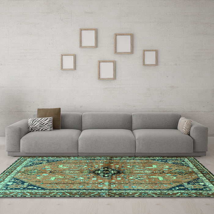 Machine Washable Persian Turquoise Traditional Area Rugs in a Living Room,, wshtr3914turq