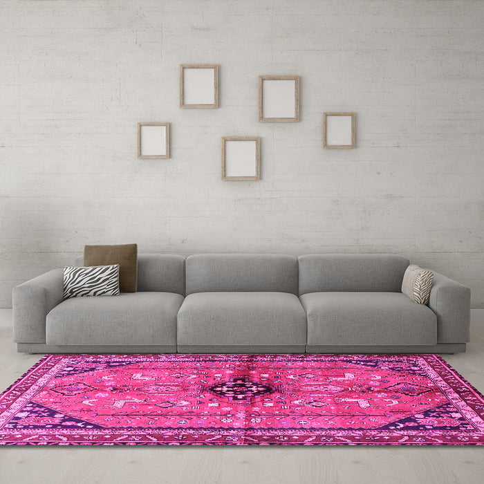 Machine Washable Persian Pink Traditional Rug in a Living Room, wshtr3914pnk