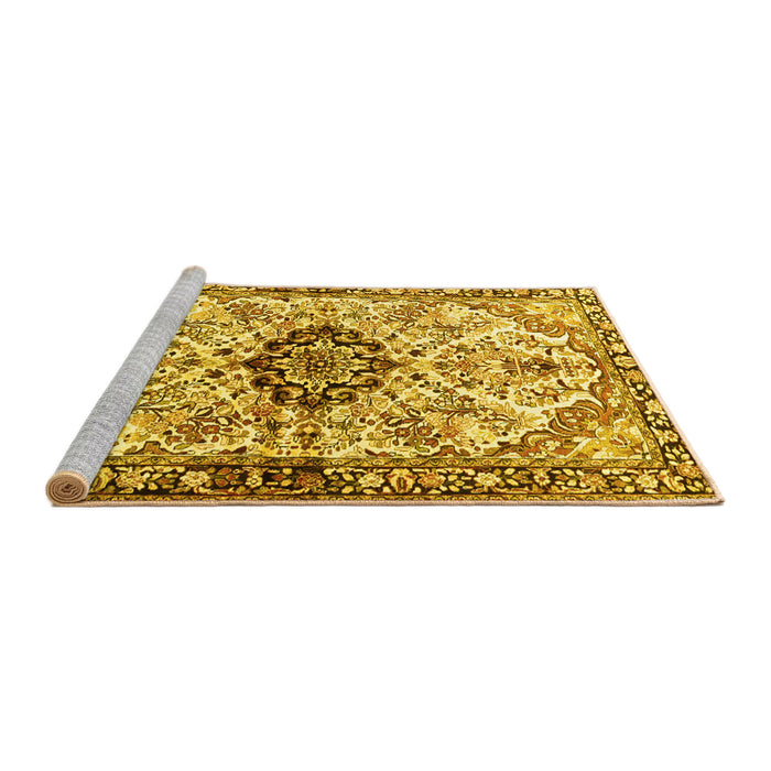 Sideview of Machine Washable Medallion Yellow Traditional Rug, wshtr3915yw