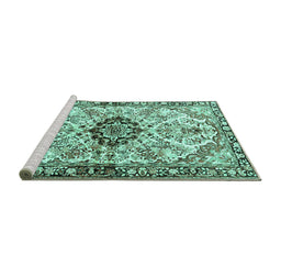 Sideview of Machine Washable Medallion Turquoise Traditional Area Rugs, wshtr3915turq
