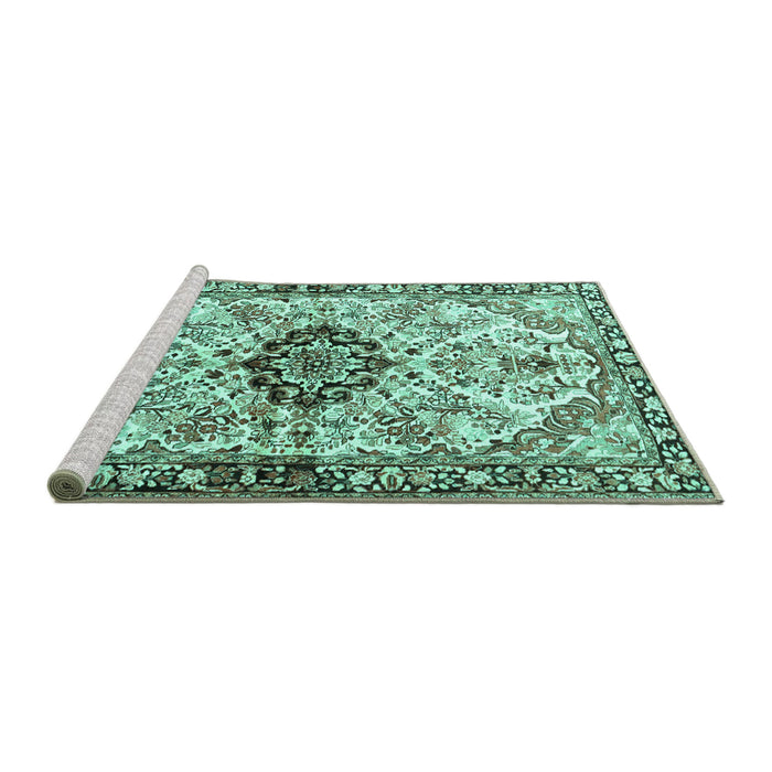 Sideview of Machine Washable Medallion Turquoise Traditional Area Rugs, wshtr3915turq