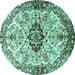 Round Machine Washable Medallion Turquoise Traditional Area Rugs, wshtr3915turq