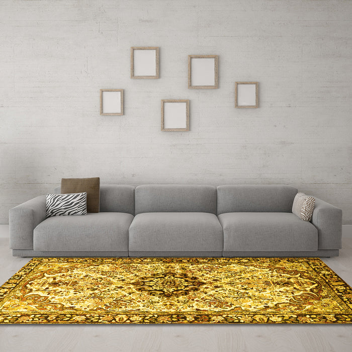 Machine Washable Medallion Yellow Traditional Rug in a Living Room, wshtr3915yw