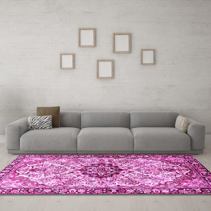 Machine Washable Medallion Pink Traditional Rug in a Living Room, wshtr3915pnk