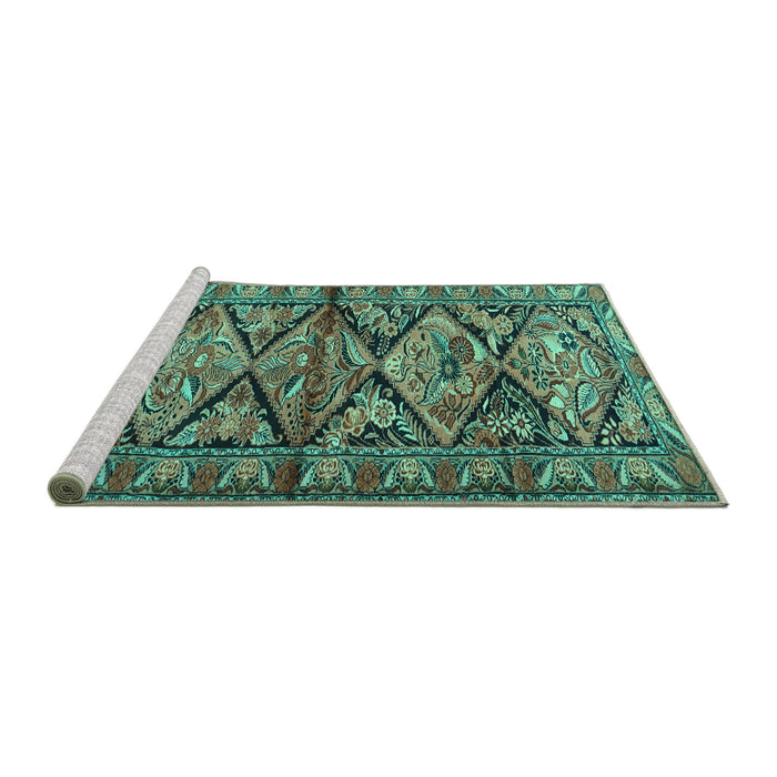 Sideview of Machine Washable Persian Turquoise Traditional Area Rugs, wshtr3916turq