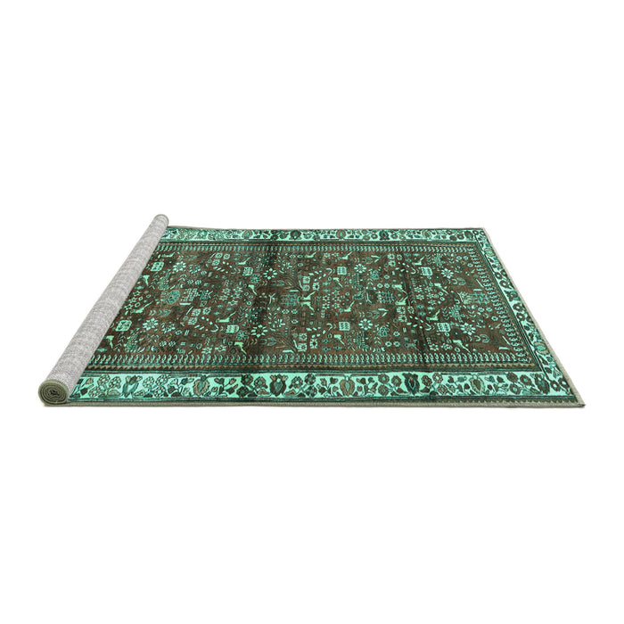 Sideview of Machine Washable Persian Turquoise Traditional Area Rugs, wshtr3917turq