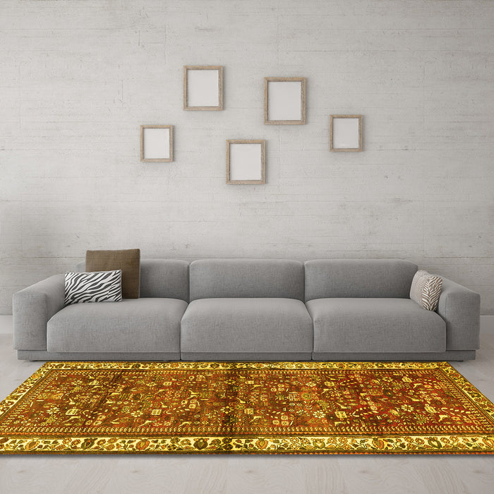 Machine Washable Persian Yellow Traditional Rug in a Living Room, wshtr3917yw