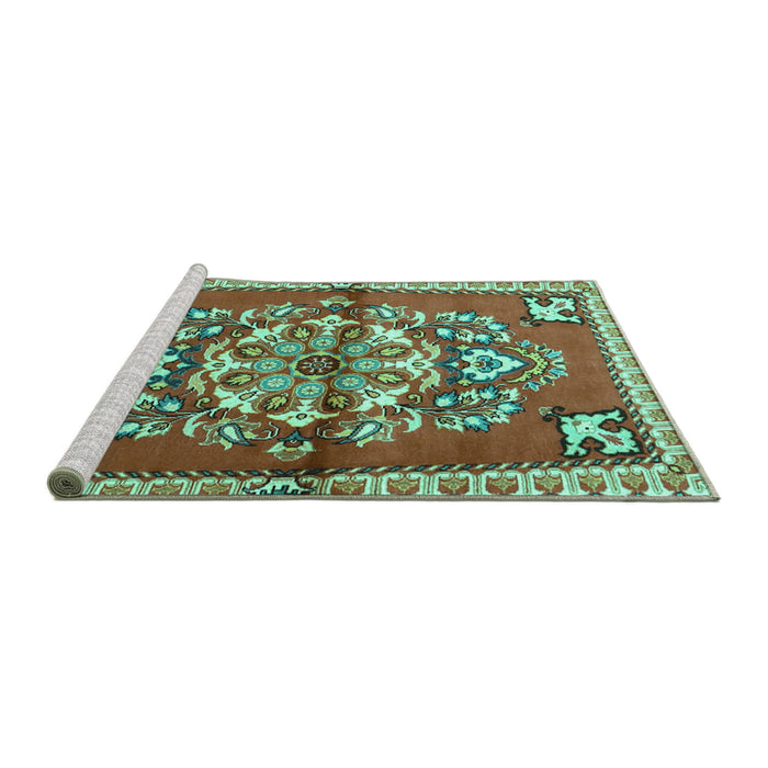 Sideview of Machine Washable Persian Turquoise Traditional Area Rugs, wshtr3918turq