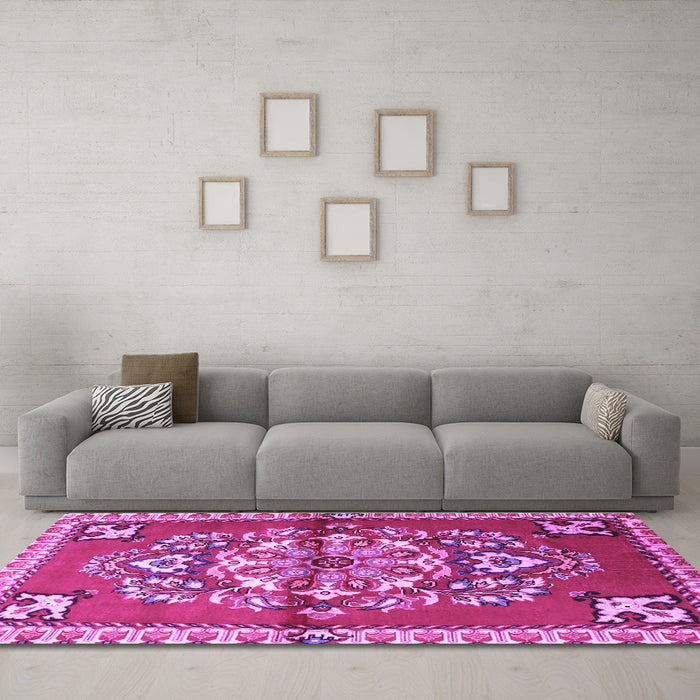 Machine Washable Persian Purple Traditional Area Rugs in a Living Room, wshtr3918pur