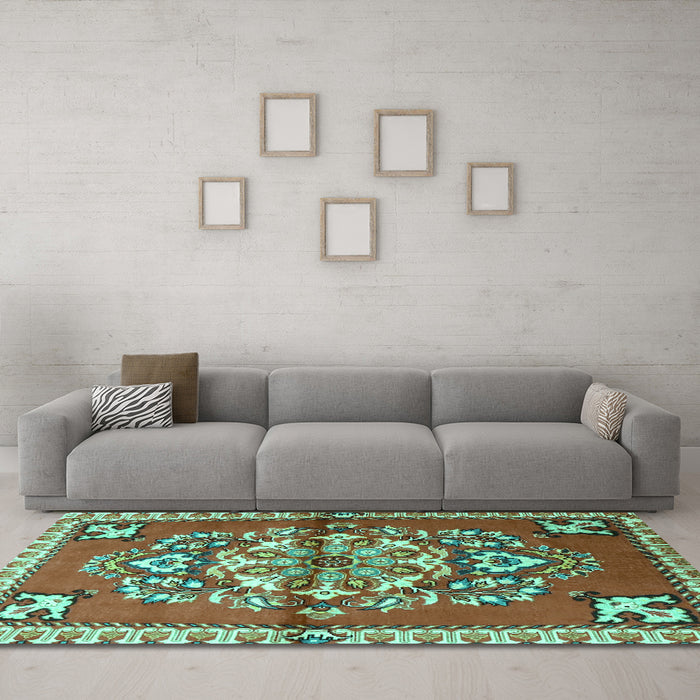 Machine Washable Persian Turquoise Traditional Area Rugs in a Living Room,, wshtr3918turq