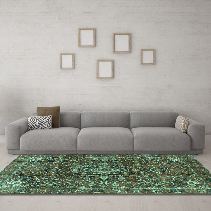 Machine Washable Persian Turquoise Traditional Area Rugs in a Living Room,, wshtr3919turq