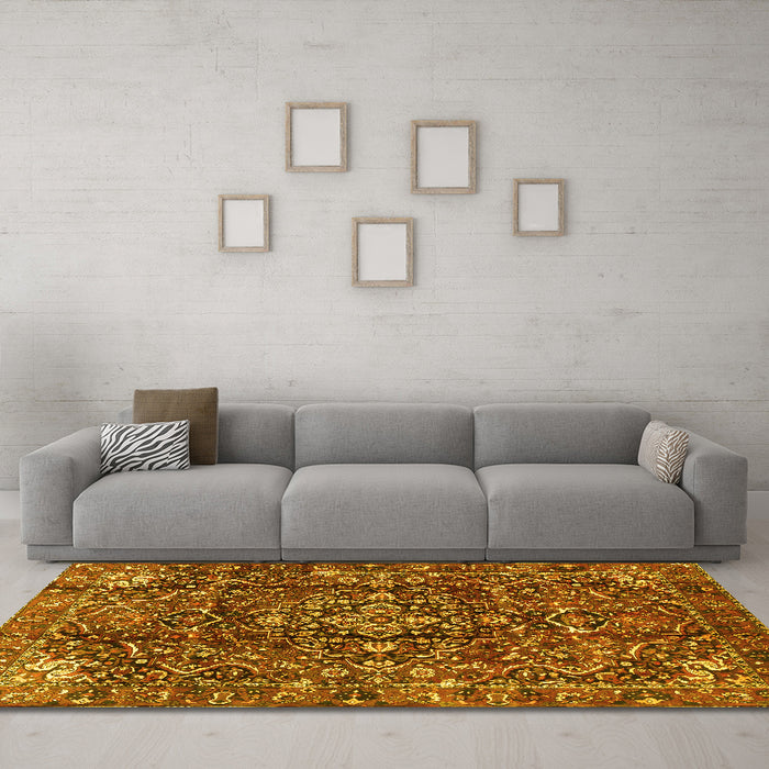 Machine Washable Persian Yellow Traditional Rug in a Living Room, wshtr3919yw