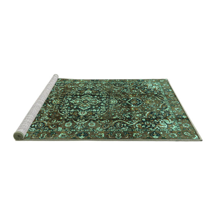 Sideview of Machine Washable Persian Turquoise Traditional Area Rugs, wshtr3919turq