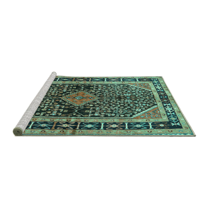 Sideview of Machine Washable Persian Turquoise Traditional Area Rugs, wshtr391turq
