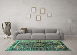 Machine Washable Persian Turquoise Traditional Area Rugs in a Living Room,, wshtr391turq