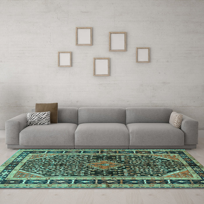 Machine Washable Persian Turquoise Traditional Area Rugs in a Living Room,, wshtr391turq