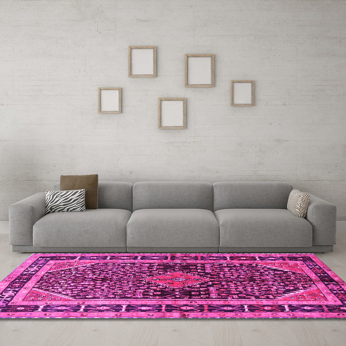 Machine Washable Persian Pink Traditional Rug in a Living Room, wshtr391pnk