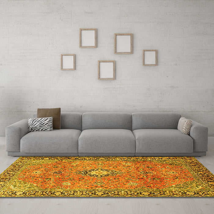 Machine Washable Persian Yellow Traditional Rug in a Living Room, wshtr3920yw