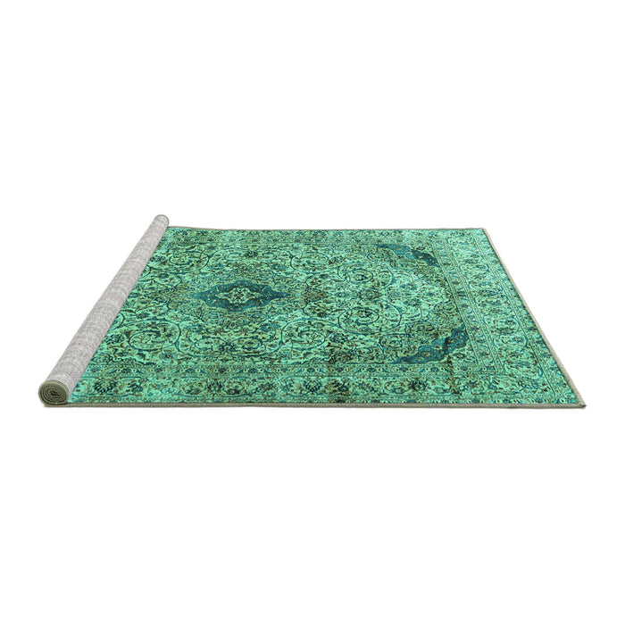 Sideview of Machine Washable Persian Turquoise Traditional Area Rugs, wshtr3921turq