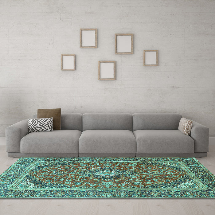Machine Washable Persian Turquoise Traditional Area Rugs in a Living Room,, wshtr3922turq
