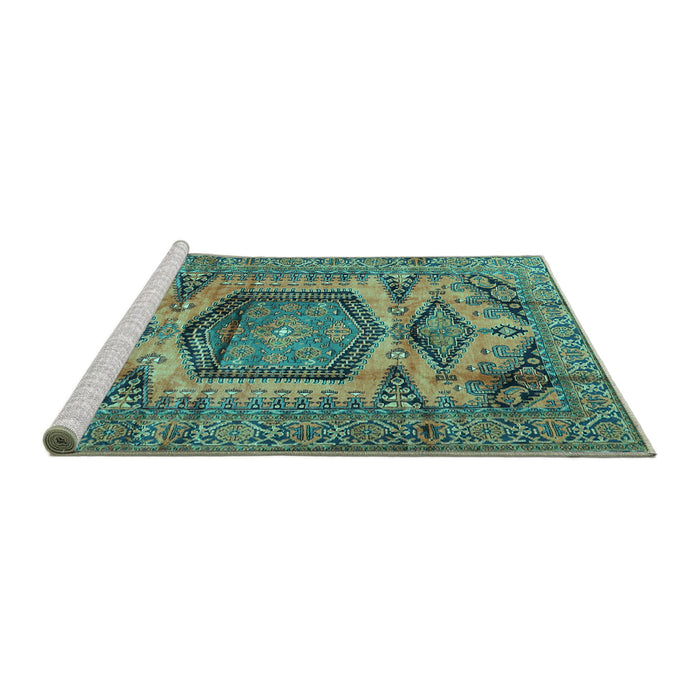 Sideview of Machine Washable Persian Turquoise Traditional Area Rugs, wshtr3923turq
