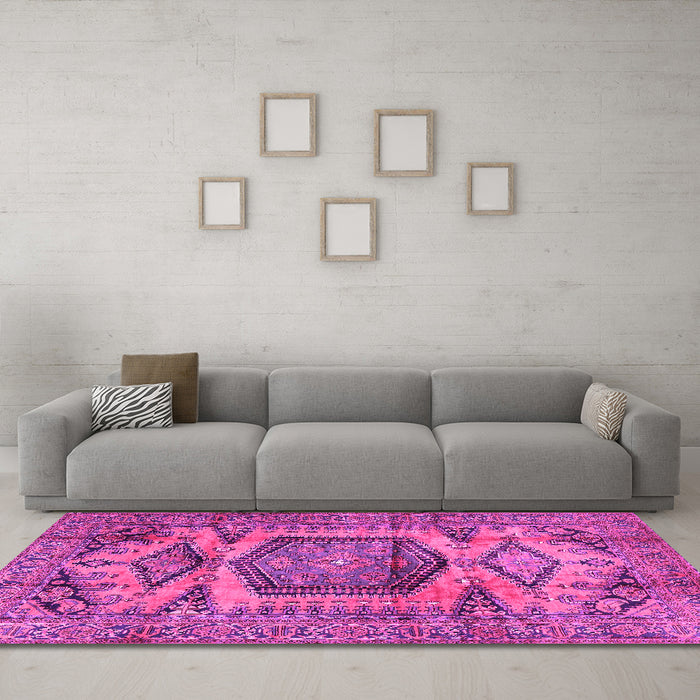 Machine Washable Persian Pink Traditional Rug in a Living Room, wshtr3923pnk