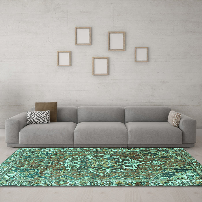Machine Washable Persian Turquoise Traditional Area Rugs in a Living Room,, wshtr3924turq