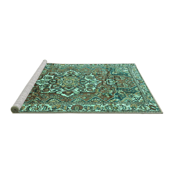 Sideview of Machine Washable Persian Turquoise Traditional Area Rugs, wshtr3924turq
