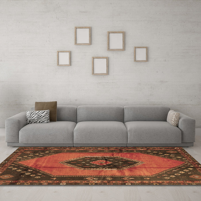 Machine Washable Medallion Brown Traditional Rug in a Living Room,, wshtr3925brn