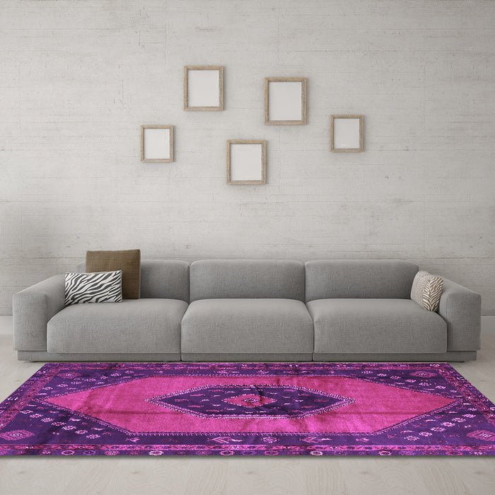 Machine Washable Medallion Purple Traditional Area Rugs in a Living Room, wshtr3925pur