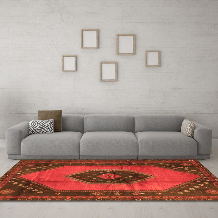 Machine Washable Medallion Orange Traditional Area Rugs in a Living Room, wshtr3925org