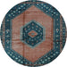 Round Machine Washable Medallion Light Blue Traditional Rug, wshtr3925lblu