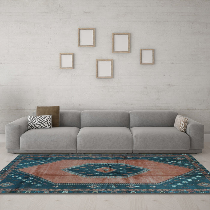 Machine Washable Medallion Light Blue Traditional Rug in a Living Room, wshtr3925lblu