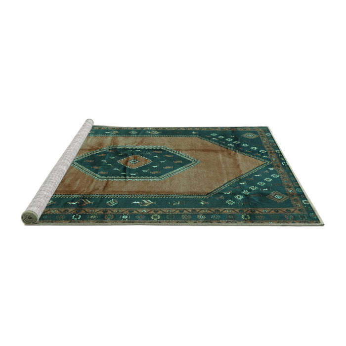 Sideview of Machine Washable Medallion Turquoise Traditional Area Rugs, wshtr3925turq