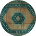 Round Machine Washable Medallion Turquoise Traditional Area Rugs, wshtr3925turq