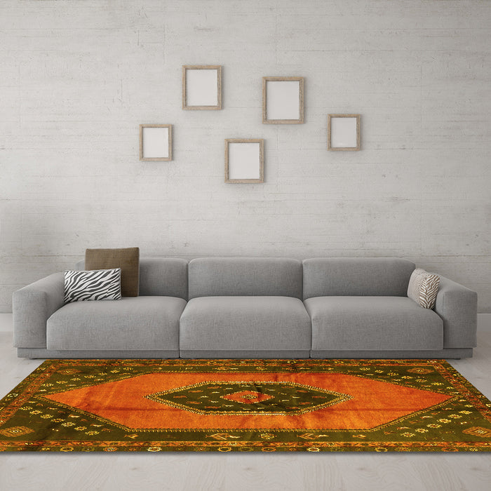 Machine Washable Medallion Yellow Traditional Rug in a Living Room, wshtr3925yw