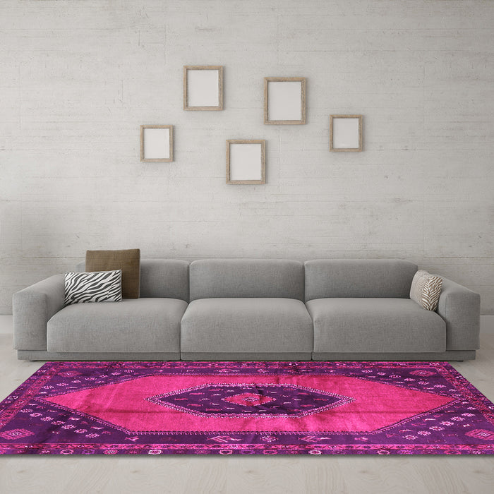 Machine Washable Medallion Pink Traditional Rug in a Living Room, wshtr3925pnk
