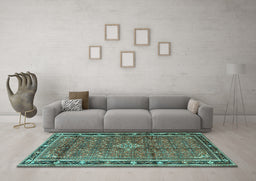 Machine Washable Persian Turquoise Traditional Area Rugs in a Living Room,, wshtr3926turq