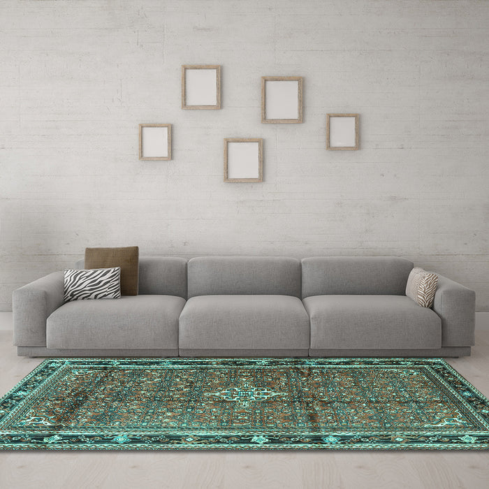 Machine Washable Persian Turquoise Traditional Area Rugs in a Living Room,, wshtr3926turq