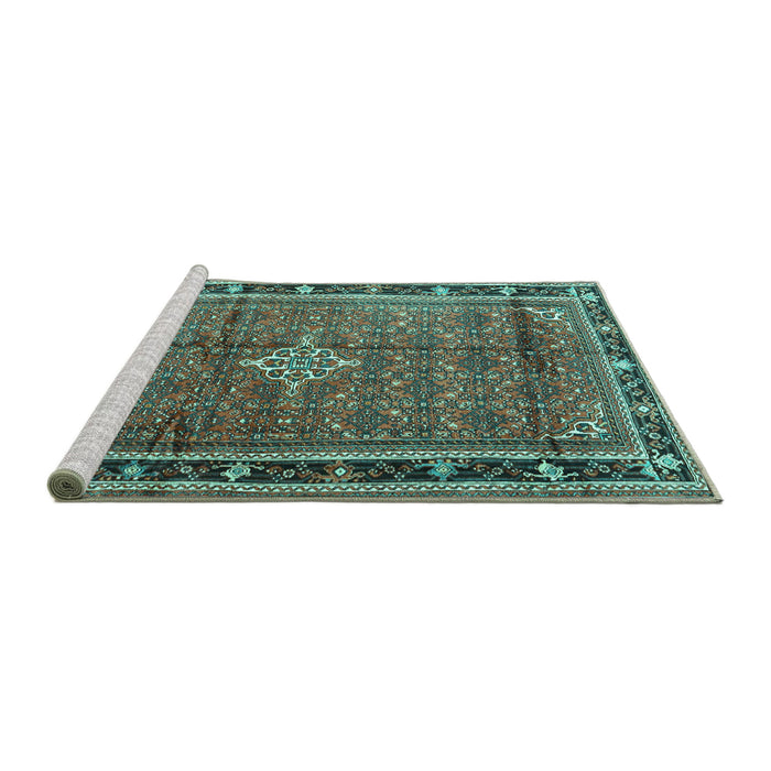 Sideview of Machine Washable Persian Turquoise Traditional Area Rugs, wshtr3926turq