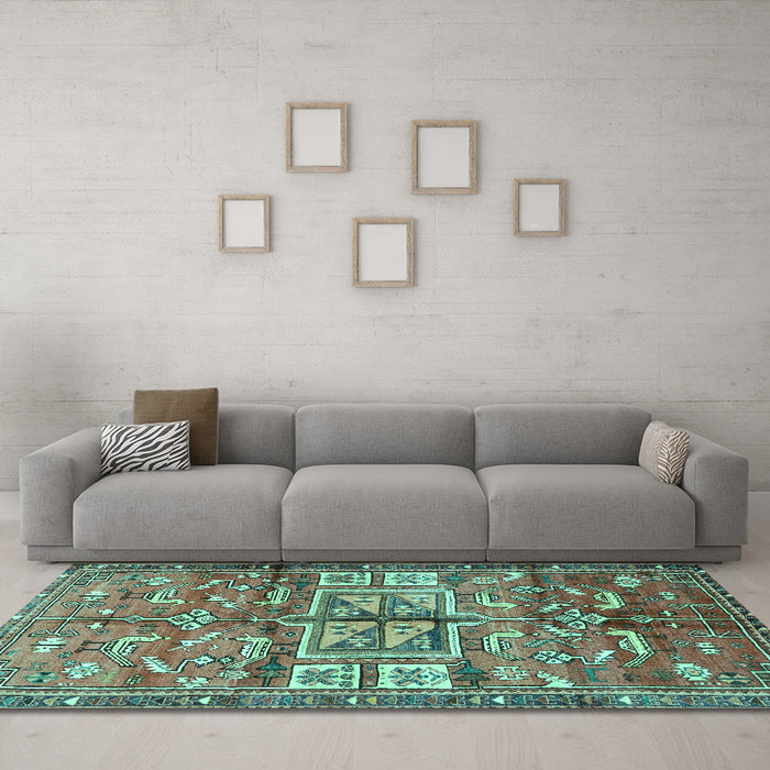 Machine Washable Animal Turquoise Traditional Area Rugs in a Living Room,, wshtr3927turq