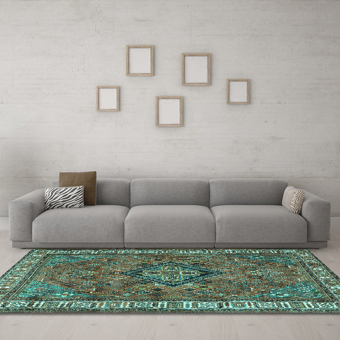 Machine Washable Persian Turquoise Traditional Area Rugs in a Living Room,, wshtr3928turq