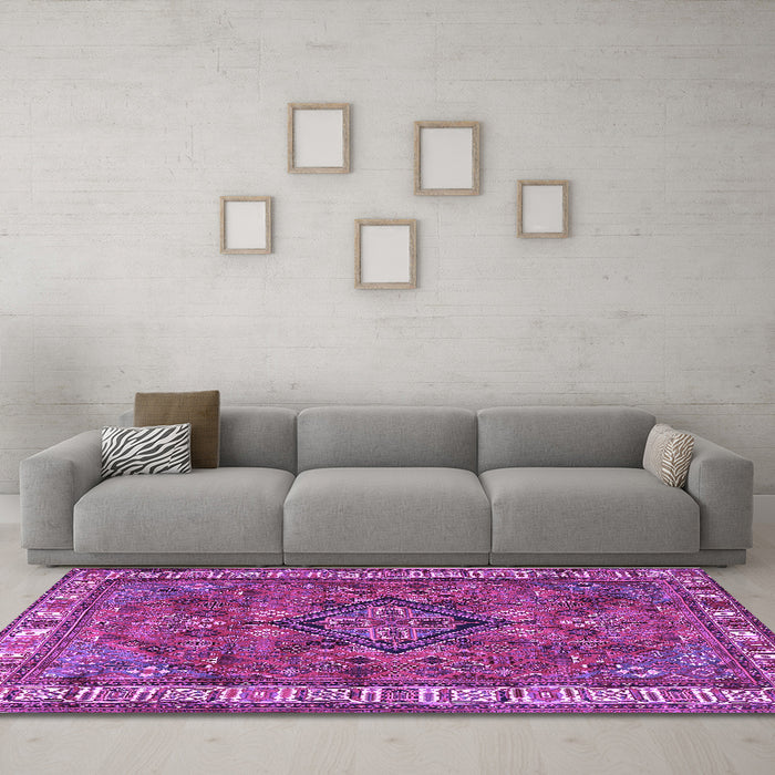 Machine Washable Persian Purple Traditional Area Rugs in a Living Room, wshtr3928pur